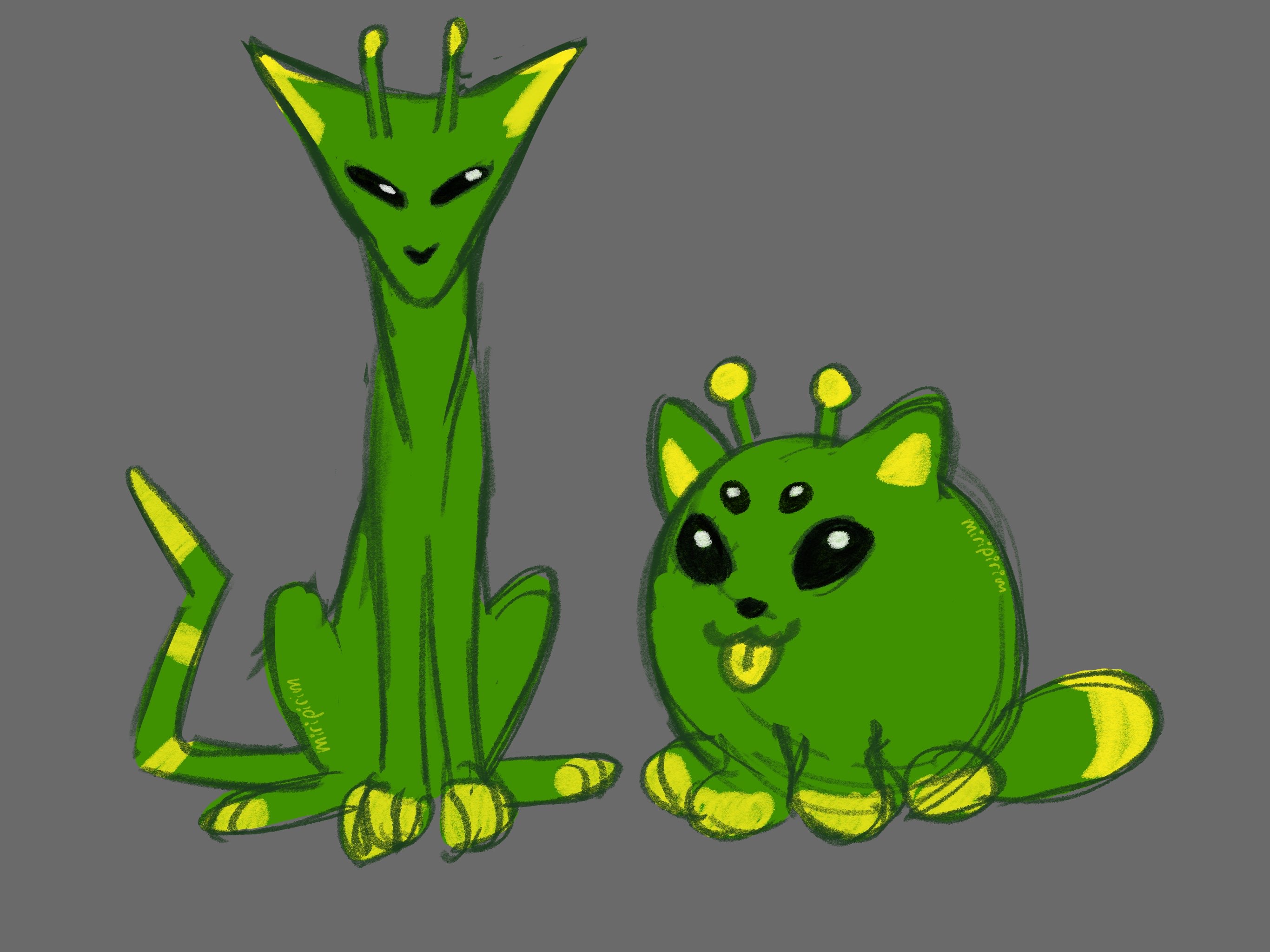 Digital sketch of two green and yellow alien cats. One is tall and slim, the other one chubby and round with a yellow tongue sticking out. bleb